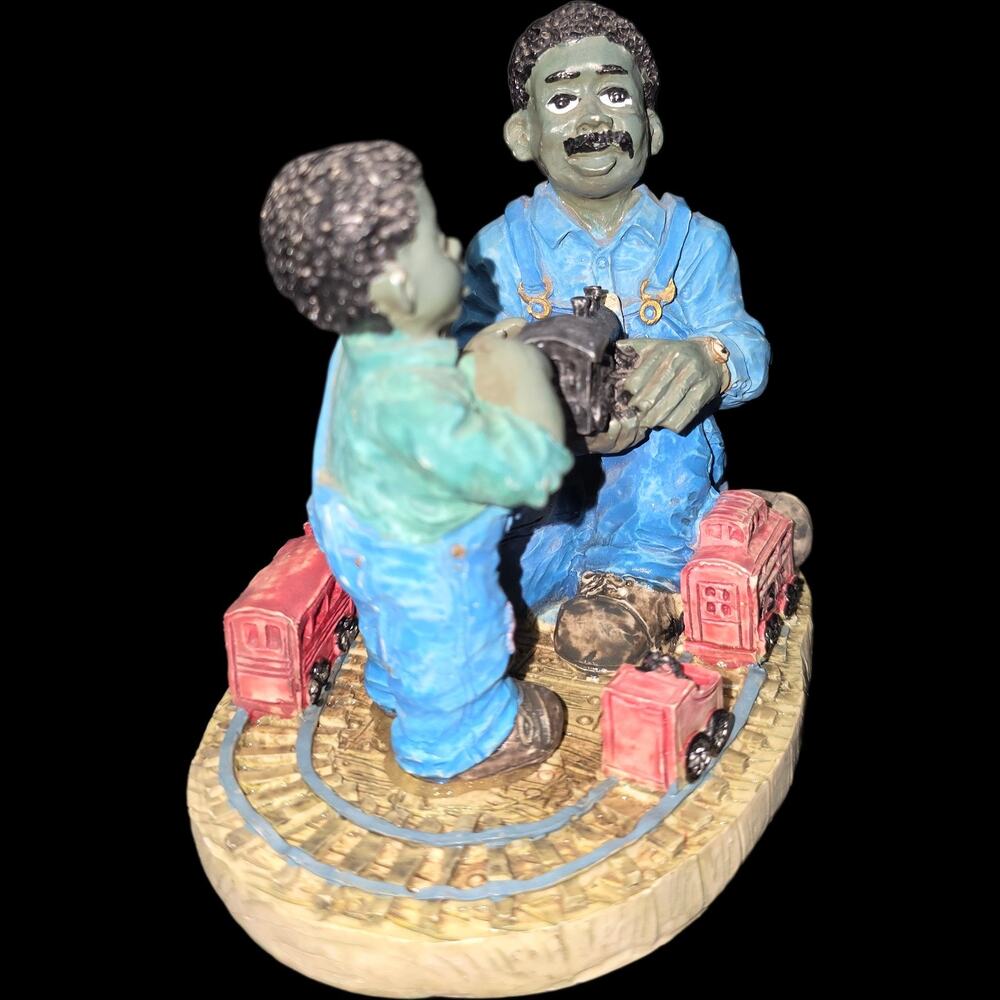 Vintage African American Father & Son Playing with Train Resin Figurine